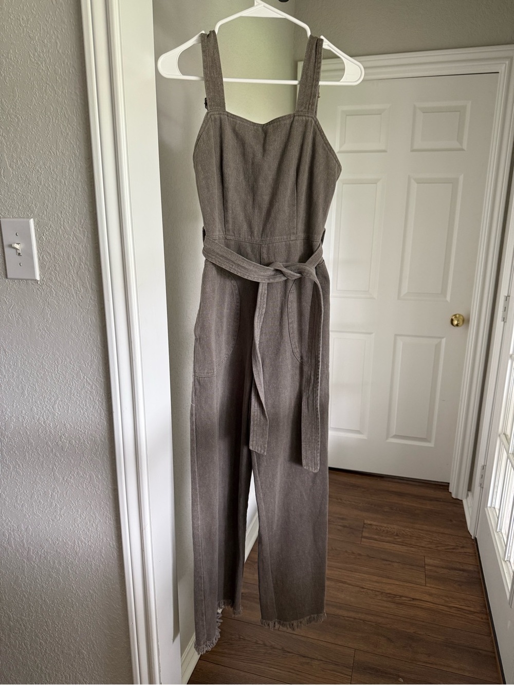 Womens Taupe Utility Jumpsuit with Tie Waist
